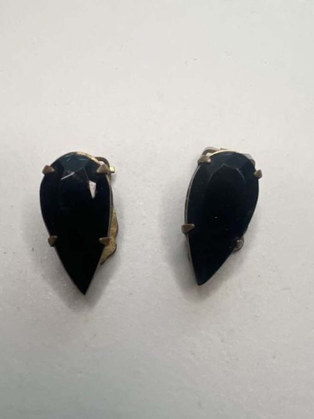 Czechoslovakia Gold Plated Black Onyx Teardrop Clip Earrings